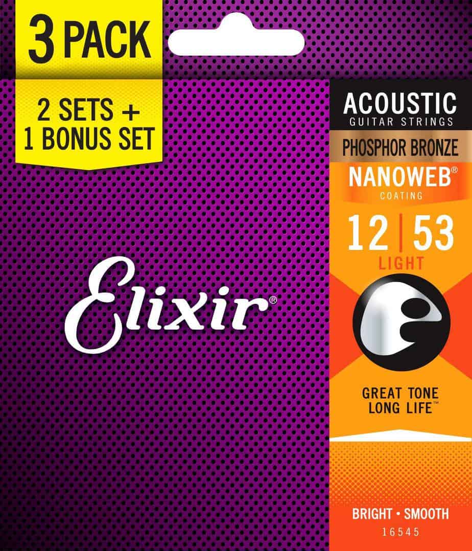 Elixir Strings 16545 Acoustic Phosphor Bronze Guitar Strings with NANOWEB Coating, 3 Pack, Light (.012-.053)